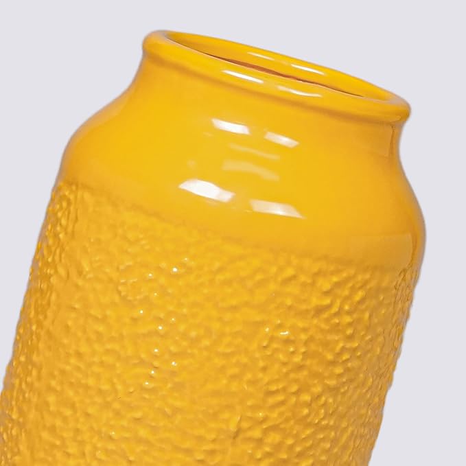 9 Inch Yellow Ceramic Vase for Flowers - Textured Mustard Round Cylinder Flower Vase - Modern Decorative Pottery - Boho Home Decor Centerpiece for Table, Bookshelf, Mantle, Fall Decoration