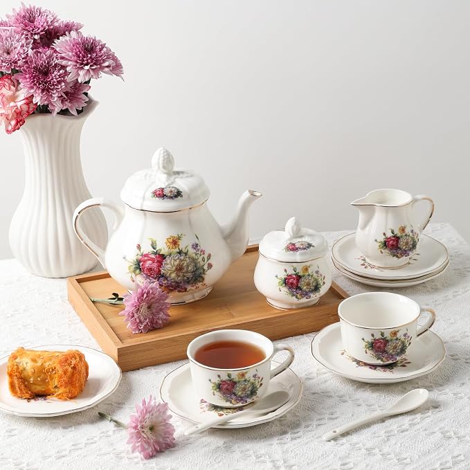 Sweejar 23 Pcs Floral Tea Sets with Metal Holder, Relief Gold Rim Porcelain Tea Sets for Adults, Cup and Saucer Set for 6, with Teapot, Sugar Bowl, Milk Jug, Spoons (Flower Style)