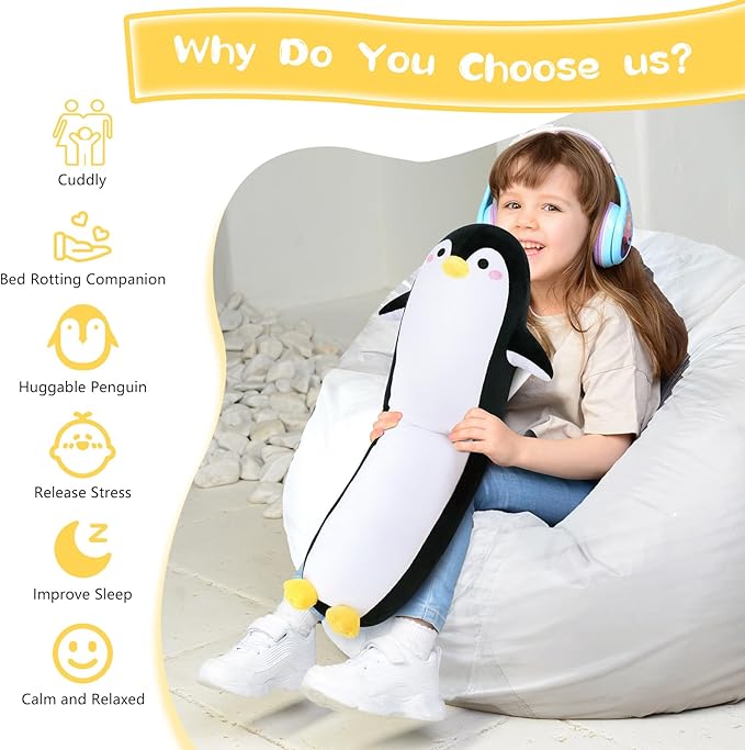 Long Penguin Plush Pillow, 20” Black Penguin Stuffed Animal, Cute Cartoon Sleeping Plushy, Soft Cuddly Hugging Plush Toys Kawaii Body Pillow, Sweet Gift at Birthday for Kids Adults