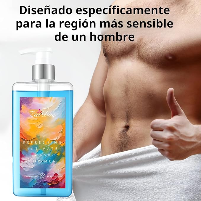 Refresh Gentle Intimate Wash for Men, Daily Cleanser with Lactic Acid & Menthol, pH Balanced for Sensitive Skin, Blue, 10.14 fl oz