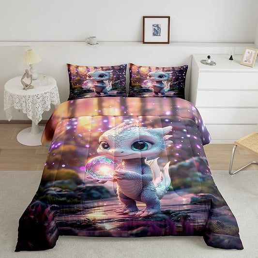 Feelyou Dragon Comforter Set Full Size Cute Comforter for Boys Girls Teens Wild Life Bedding Set Dragon Decor Duvet Set Room Decor Pink Purple Quilt Set