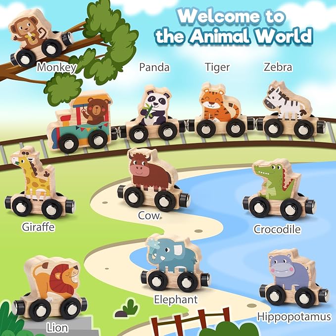 Montessori Toys for 1 2 3 Year Old Boys, Toddler Toy 2-3 Years Girls Boy Gifts Magnetic Wooden Train Kids Toys for Ages 2-4 Preschool Learning Activities Farm Animals with Track Mat