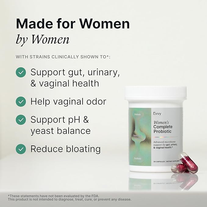 Evvy Women's 3-in-1 Complete Probiotic I Daily Probiotic Supplement to Reduce Bloating I Supports Gut, Urinary & Vaginal Health | Includes Vaginal Probiotics for Feminine Care | 30 Day Supply