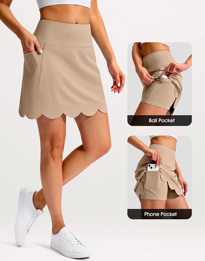 16" Skorts for Women with 4 Pockets High Waisted Scalloped Hem Athletic Tennis Skirt Golf Skort Dressy Casual