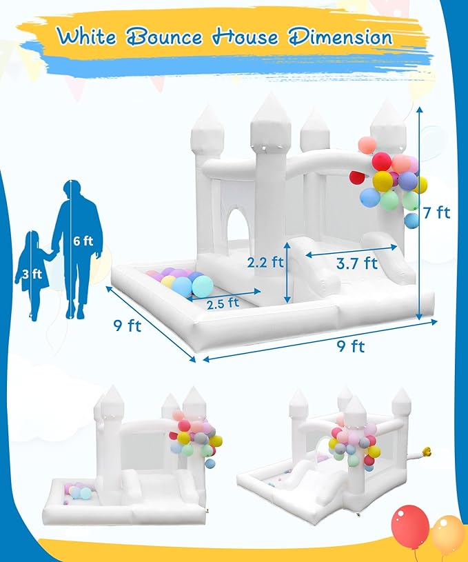 White Bounce House with Blower Included, 9x9x7FT Inflatable Bounce House Castle with Ball Pit and Slide,Small Jumper Bouncy Castle, Fun for Kids Birthday Party