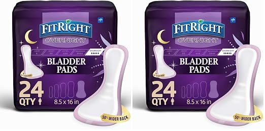 Medline FitRight Overnight Bladder Control Pads, Maximum Absorbency, Nighttime Incontinence Protection, 8.5 x 16, 24 Count per Bag (1 Bag) (Pack of 2)
