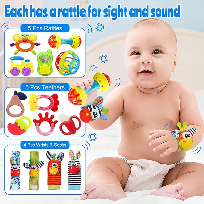 Baby Toys 0-6 Months - Baby Rattles Teething Toys 3-6 Month Infant Toys 6-12 Months Teether Toy 3 4 5 6 Month Old Newborn Essentials Must Haves Wrist Socks Christmas Gifts Valentines Gifts for Kids