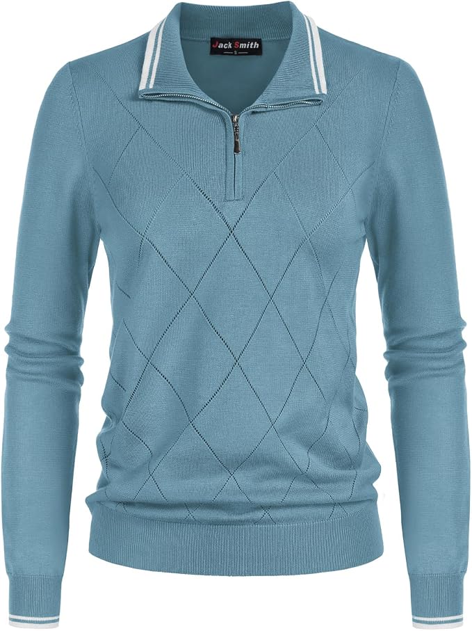 JACK SMITH Quarter Zip Pullover Sweaters for Womens, Rib Polo Sweater Tops | V Neck,Knit,Long Sleeve,Argyle,Open Pattern,Callar,Lightweight,Fashion,Golf Work Business Daily Wear Versatile Pullover Shirt