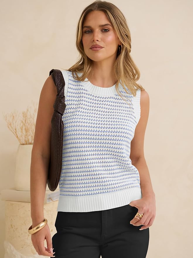ANRABESS Womens Sleeveless Sweater Vest Striped Tank Tops | Crochet Knit Crew Neck, Lightweight Soft Comfy, Vacation Travel Work Casual Outfits, Sping Summer Layering Clothes