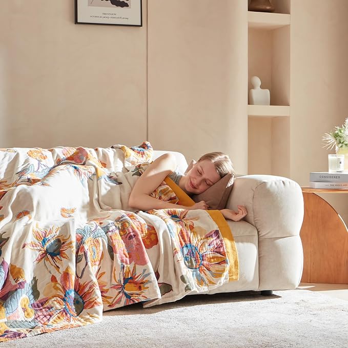 LUTBM Queen Throw Blanket for Bed, 100% Cotton Boho Breathable Summer Quilt | Reversible 90"x90" Floral Butterfly Blankets, Soft All-Season Lightweight Bedspread, For Chair Sofa Couch Bedroom, Home Decor