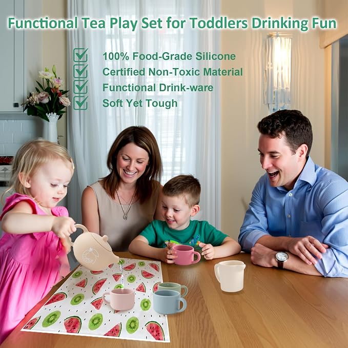 Silicone Tea Set for Toddlers Aged 0+ Months,Real or Play Tea Party Set for Kids,Non-Toxic Baby Kitchen Toys,Cute Morandi Children Gift Suitable for Little Girl Boy(with Washable Cloth Napkin)