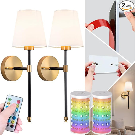 Peel and Stick Wall Sconces, Stick On Wall Sconce Set of 2, Battery Operated Wireless Adhesive Wall Lights, Corn Bulb with 10000mAh Battery, Easy Install for Bedroom Living Room Wall Decor