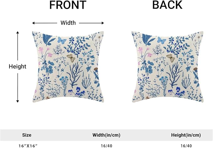 AEIOAE Summer Pillow Covers 16x16 Inch Set of 2,Blue Wild Flower Plant Throw Pillows Case,Seasonal Floral Outdoor Decorative Square Linen Farmhouse Decor Cushion Covers for Home Sofa Bed Couch