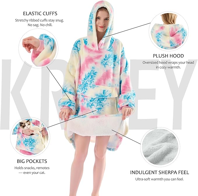 Krifey Wearable Blanket Hoodie, Oversized Sherpa Fleece Sweatshirt with Giant Pocket, Birthday Gifts for Women, Mom, Sister, Pink Tie Dye