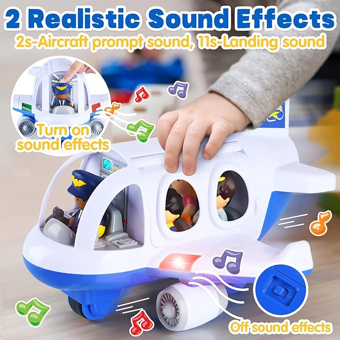 PLAY Airplane Toy for Kids - Toddler Airplane Toys Travel Plane Toys for Kids 2+ Years Old with Small Figures & Baggage Carrier, Musical Toy Airplane with Lights for Boys Girls Gifts Birthday (Blue)
