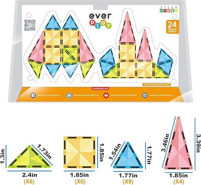Magnetic Tile Travel Size Mini Diamond Tiles Set 24pcs STEM Toy Compact Blocks Compatible Construction Educational Building Kit for Brain Development Montessori Learning for Kids Age 3+ EPM24