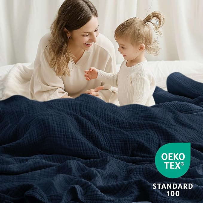 100% Cotton Muslin Blanket Queen 90" x 90", 6 Layers Breathable and Lightweight Cotton Throw Blanket for Bed, Soft Quilt Bedspread Coverlet, Gauze Blanket for Adults All Season, Navy