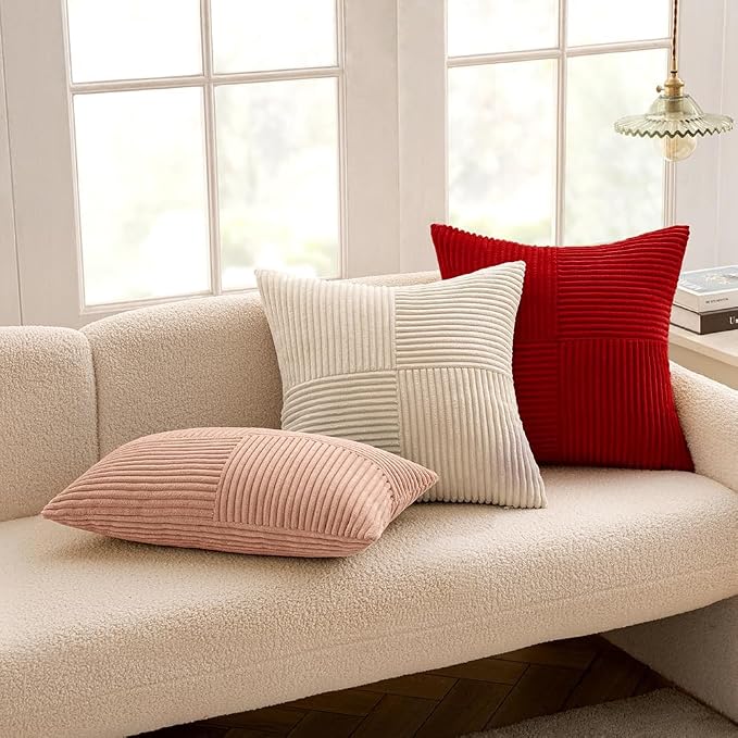 MIULEE Christmas Red Decorative Throw Pillow Covers for Couch 18x18 Inch | 2 Pack, Boho Farmhouse Pillow Covers, Soft Cross Corduroy Patchwork Textured Cushion Cases For Bed Sofa
