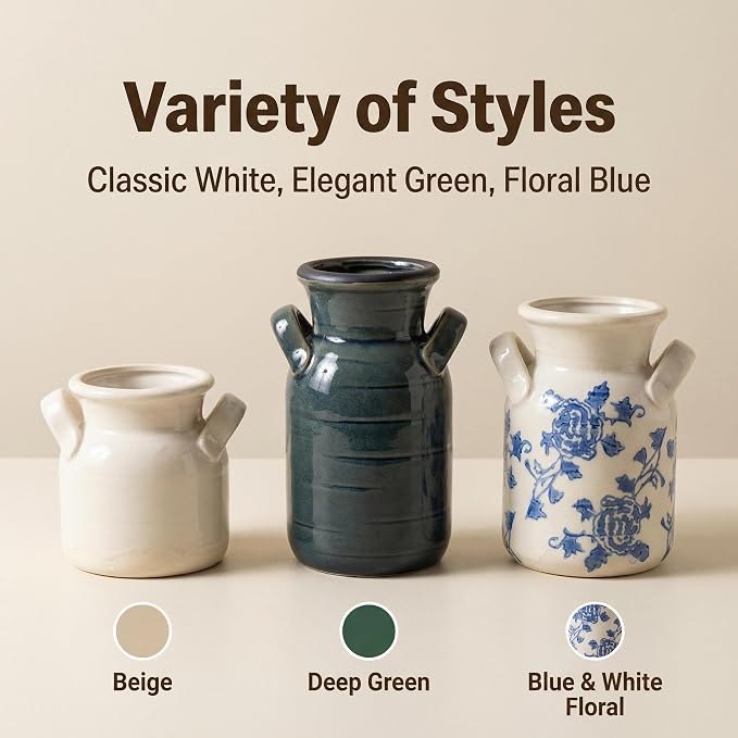 Ceramic Vase Set of 3 with Two Handles, Blue White Neutral Rustic Modern Farmhouse Boho Decor, Versatile as Table Centerpiece or Mantel & Shelf Accent - Unique Home Gift Idea
