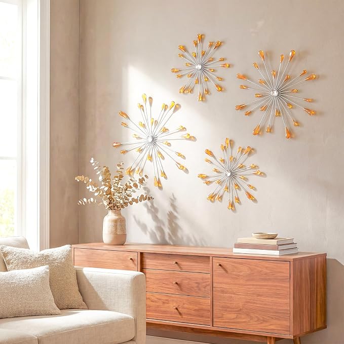 ZEXUIRU 4 Set Silver Starburst Wall Art for Home Decor Metal Bling Crystal Rhinestones Sunburst Wall Decor Sparkling Rhinestone Art Accent -Orange 13in/11.8in/9.8in/9.8in