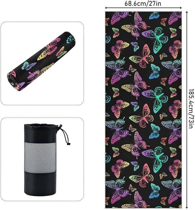 Non Slip Yoga Towel 73 x 27 in Colorful Butterfly Sweat Absorbent Yoga Mat Towel for Hot Yoga, Pilates and Workout