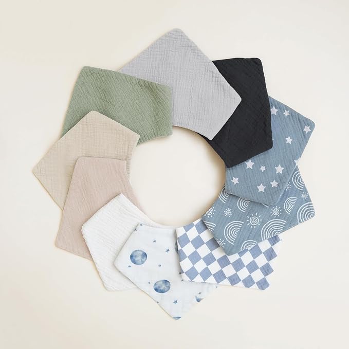 Konssy Muslin Baby Bibs 10 Pack Baby Bandana Drool Bibs 100% Cotton for Unisex Boys Girls
