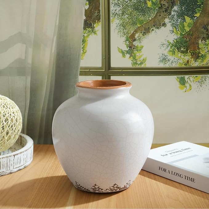 Ceramic Flower Vase Home Decor, 6.2 inch Farmhouse Rustic Vintage Decorative Vases, Pottery Terracotta Boho Flowers Vases for Dining Table, Living Room, Shelf, Kitchen, Bedroom (6.2"-Beige)