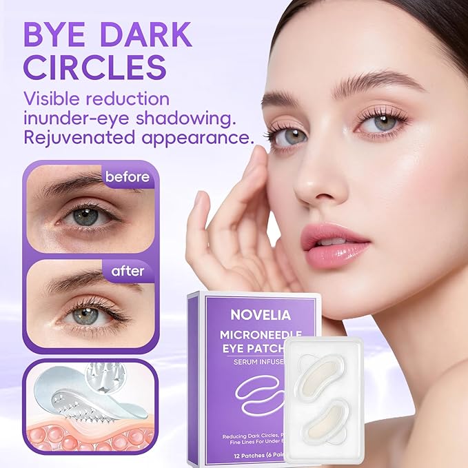 NOVELIA Micro Eye Patches with Hyaluronic Acid & Vitamin C, Hydrating Eye Masks for Dark Circles & Puffiness, Smoothing & Firming Under Eye Care, Individually Packed, 12 Patches (6 Pairs)