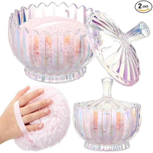 Tioncy 2 Pcs Extra Large Dusting Powder Puff and Container for Women-6'' Glass Crystal Dusting Powder Container with Body Soft Washable Reusable Velour Face(Dazzling,Scalloped)