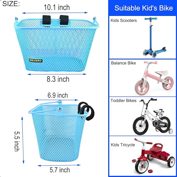Kids Bike Basket - Front Bicycle Basket for Children, Metal, Cute Decorative Accessory for Kids Bikes & Scooters