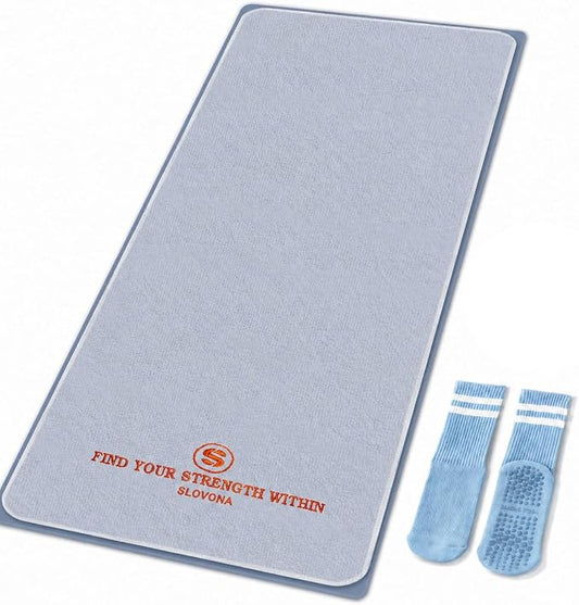Upgraded Yoga Mat Towel with Bonus Grip Socks Lavender Gray | Elegant Embroidered, 1-Second Sweat Absorption & Non-Slip | Machine Washable Microfiber | Hot Yoga, Pilates | 73''*27.6''