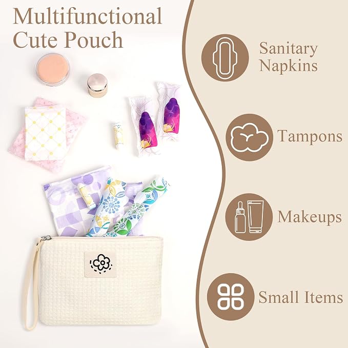 Waffle Canvas Period Pouch First Period Kit Bag Small Discreet Menstrual Cup Pad Pouch Cute Sanitary Napkin Storage Bag Tampon Holder Multi-purpose Feminine Bag Beige