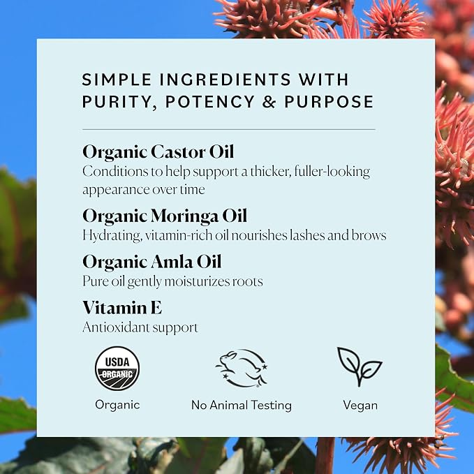 Sky Organics - Organic Lash & Brow & Applicator - Eyelash Serum - Castor Oil Organic - Moringa, Vitamin E - Lashes, Eyebrows - Self Care, Beauty - Gifts for Women - .4 fl oz, 12mL with ebook