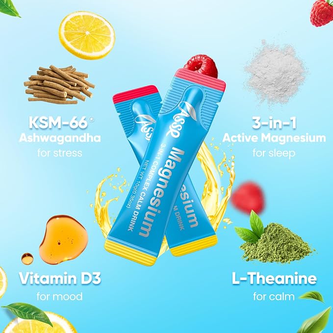 ASSR Calm Magnesium Glycinate Drink for Sleep Aid & Relaxation, Triple Magnesium Complex with KSM-66 Ashwagandha L-Theanine Vitamin D Balance Cortisol, Mood & Stress, No Sugar, Ready to Drink, 30ct