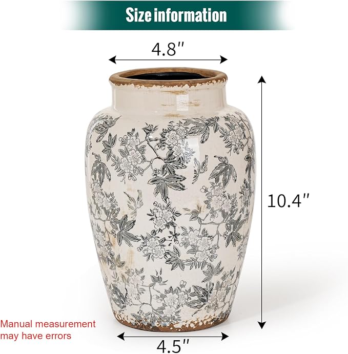 Sungmor Ceramic Flower Vase, Vintage Grey Ice Cracked Glaze Porcelain Vase | Pretty Home Decor Vase for Flower Arrangement, Fresh Flowers, 10.2 Inch Tall Chinoiserie Pottery Vase, Green Floral Pattern