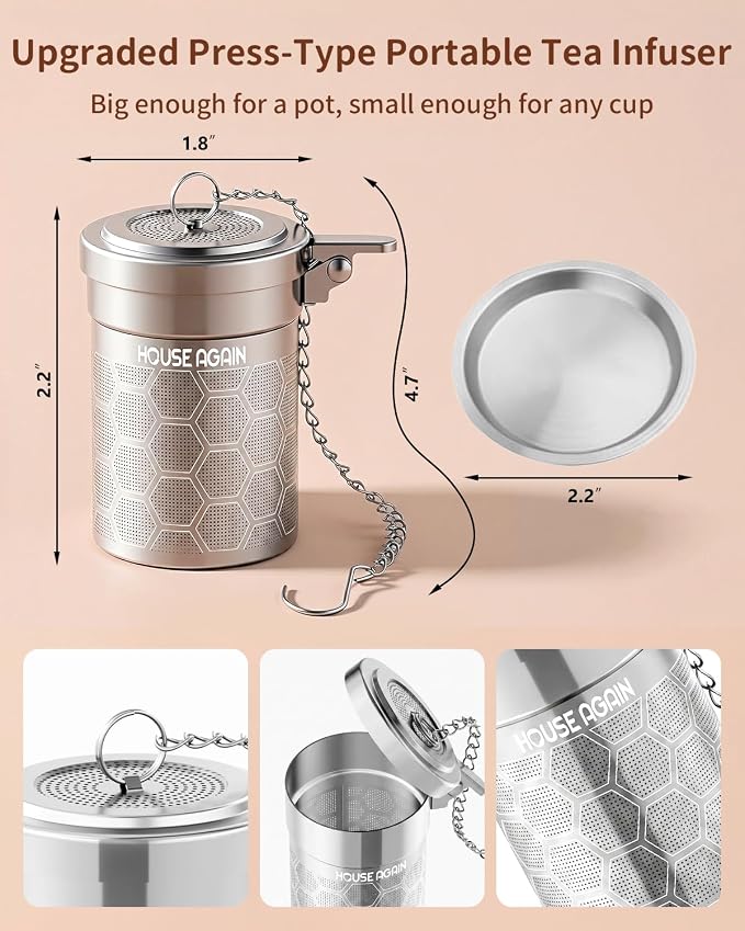 House Again Tea Infuser, 304 Stainless Steel Extra Fine Mesh Tea Strainer for Loose Tea, Upgraded Press-to-Open Lid, Loose Leaf Tea Steeper for Spices & Seasonings