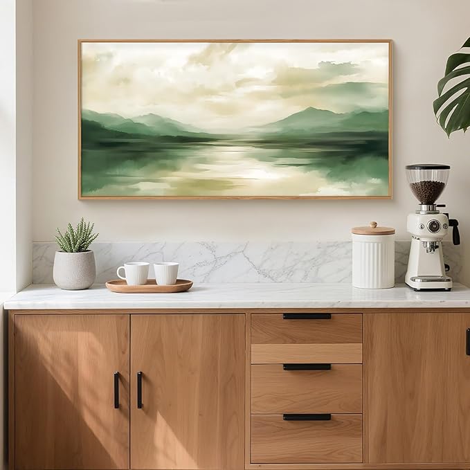 FWIEXA Sage Green Abstract Canvas Wall Art Set of 3, Framed Beige White Landscape Painting, Neutral Watercolor Mountain Prints, Nature Mountains Lake Prints, 20x40In Artwork for Living Room, Bedroom