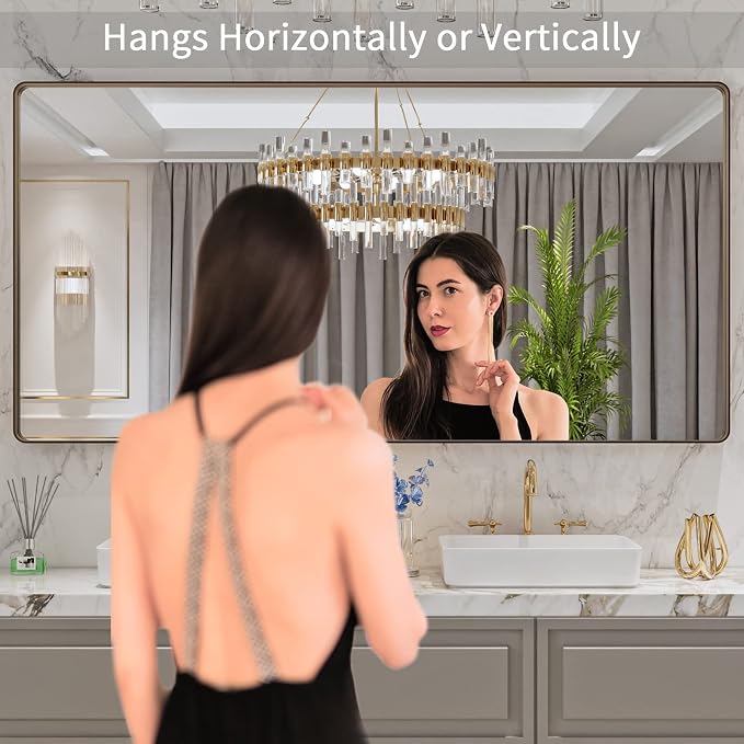LOAAO 72"X36" Bronze Bathroom Mirrors | Rounded Rectangle, Brushed Bronze Metal Frame, Anti-Rust, Tempered Glass, Hangs Horizontally or Vertically