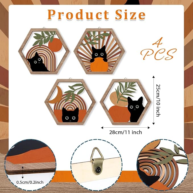 Boho Black Cat Wall Decor, Farmhouse Geometric Hanging Wooden Wall Art, 4 Pieces 11''x9.8'' Mid Century Bohemian Abstract Moon and Sun Wood Sign for Nursery Bedroom Decoration, Lovely Cat Gifts