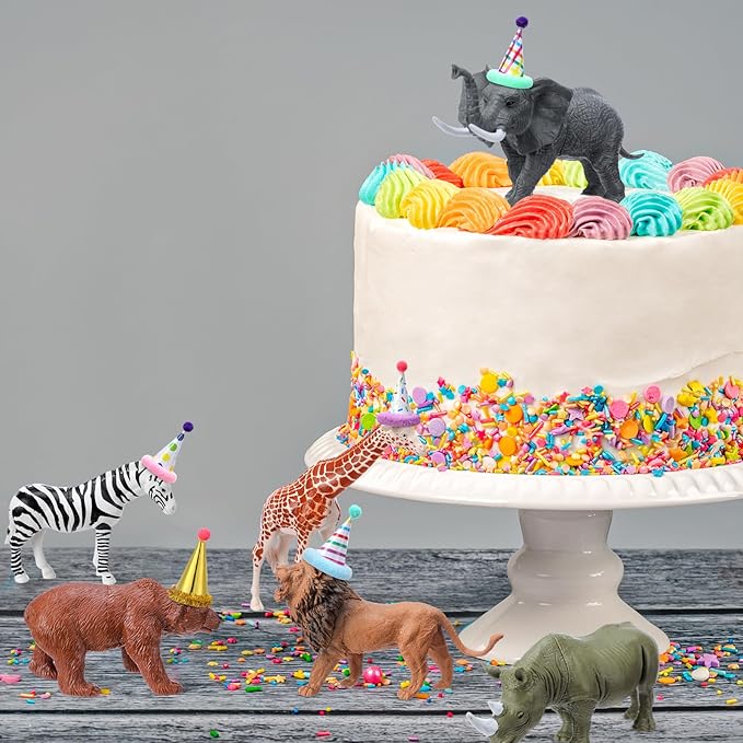 18 Pcs Jungle Animal Birthday Party Decorations Mini Birthday Hat Animal Figure Model Cake Toppers with Mini Hat for Birthday Party, Wild Animals Themed Party