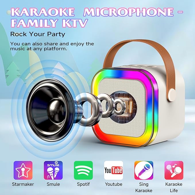 Portable Karaoke Machine, Mini Karaoke Machine with 2 Wireless Microphones for Kids Adults, Kids Microphone Christmas Birthday Toys for Girls Boys Toddler 4, 5, 6, 7, 8, 10 12+ Years Old 【Beige】