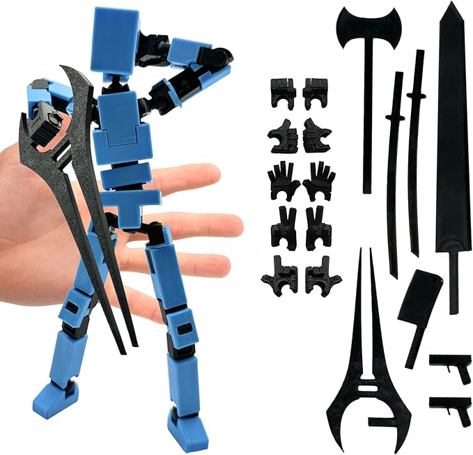 (Assembly Completed) 3D Printed Enlarge Body Size 8.13-inch Action Figure Lucky20, Full Body Mechanical Movable Toy, Multiple Accessories, Desk Decoration (Blue)