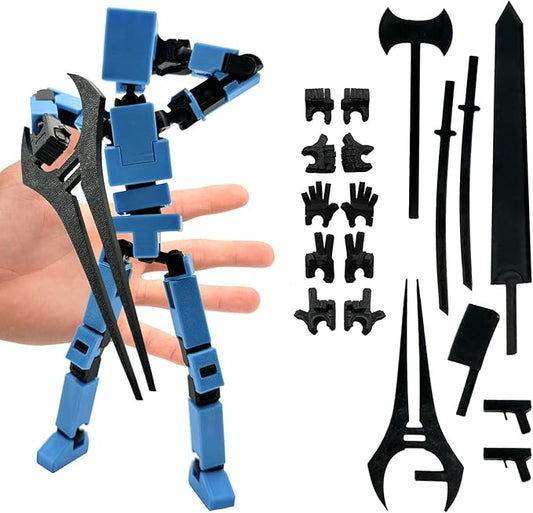 (Assembly Completed) 3D Printed Enlarge Body Size 8.13-inch Action Figure Lucky20, Full Body Mechanical Movable Toy, Multiple Accessories, Desk Decoration (Blue)