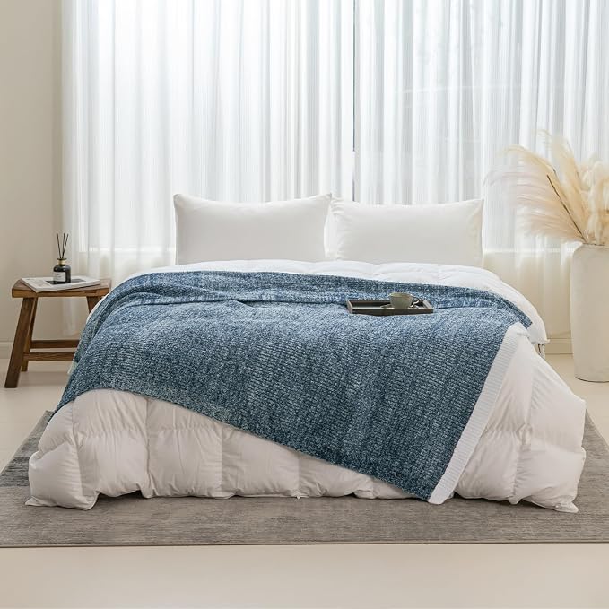 MH MYLUNE HOME Ultra Soft Ribbed Throw Blanket Plush, Blue, 60"x80" | Reversible Fleece Throw Blanket, Comfy Fluffy Fuzzy Plush Blanket Throws for Couch Sofa Bed, Cozy Blankets for Women Gift