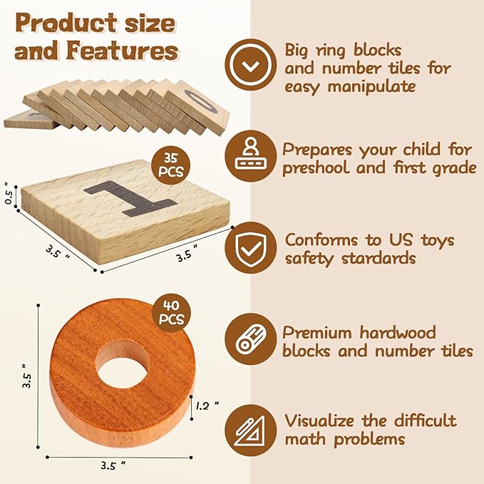 Xylolin Montessori Toys for Toddlers, Wooden Math Number Blocks Counting and Manipulative Toys, Basic Math Game Preschool Learning Educational Materials for Toddlers Kids 2 3 4 5 Years
