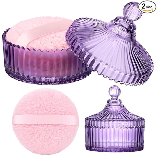 Extra Large Body Powder Puff and Container, 5.5'' Crystal Container with 5.3'' Oversize Dust Powder Puff Washable Reusable Face Body Glitter Wet Dry Makeup Gift(Purple)