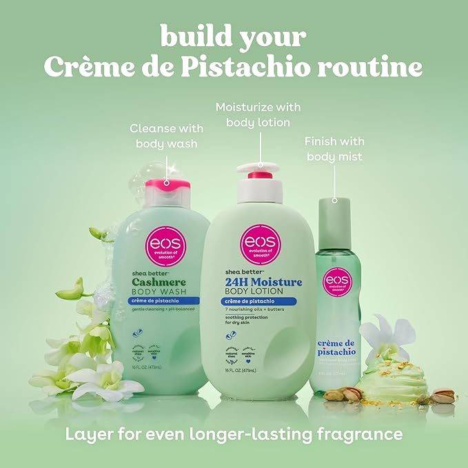 eos Shea Better Body Lotion- Crème de Pistachio, 24-Hour Moisture Skin Care, Lightweight & Non-Greasy, Made with Natural Shea, Vegan, 16 fl oz