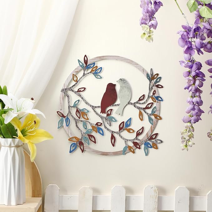 Ferraycle Metal Wall Art Bird on Tree Branch Silhouette Bird Hanging Ornament Porch Wall Decor for Living Room Outdoor Garden Bedroom Office Housewarming Party Decoration(Vintage Color)