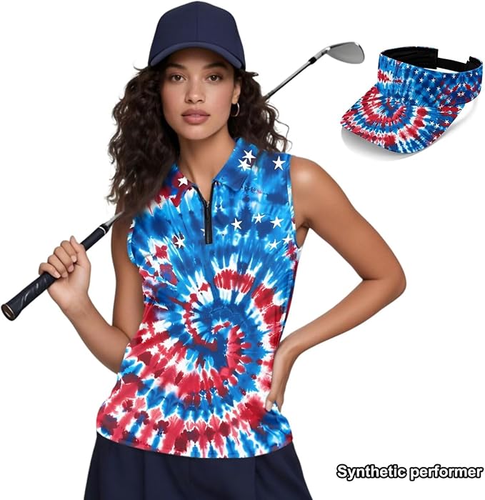 POLERO Golf Tank Top Women Golf Shirts and Visor Hat Collared Racerback Tennis Shirt Set Quarter Zip