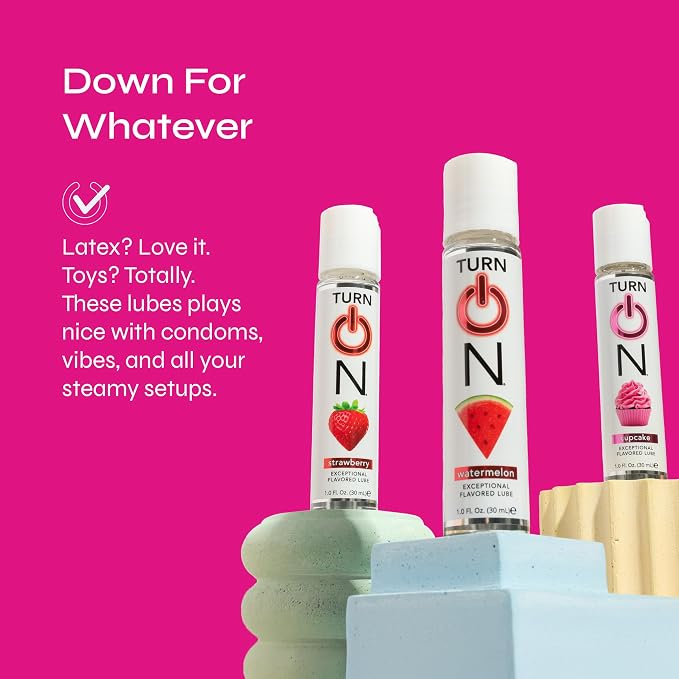 Turn On 3-Pack Flavors Sampler Collection - Strawberry, Watermelon, and Cupcake Lubes for Men, Women, and Couples | Paraben-Free, Gluten-Free, Stain-Free, Travel-Friendly, 1 fl oz Each